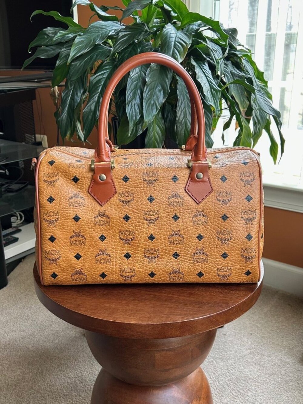 MCM Monogram Visetos Boston Bag, Cognac Tan 👜 - Picture 4 of 13